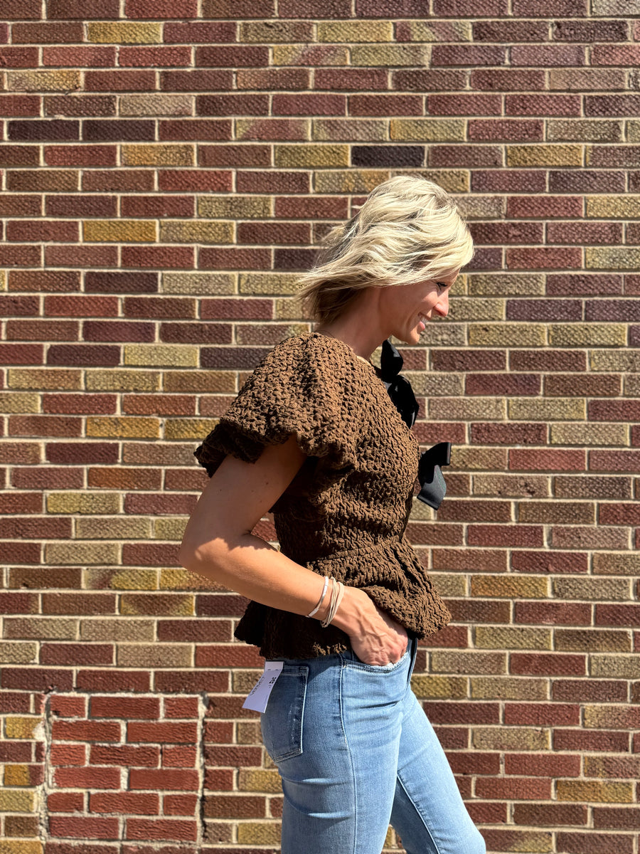 Textured Peplum Top w/Front Tie