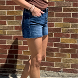 High Rise Clean Cut Raw Hem Vervet Denim Shorts