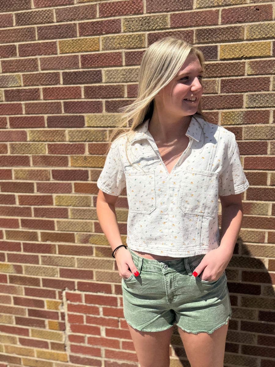 Off White Floral Denim Pullover Top