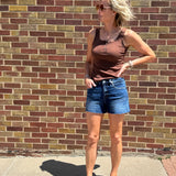 High Rise Clean Cut Raw Hem Vervet Denim Shorts