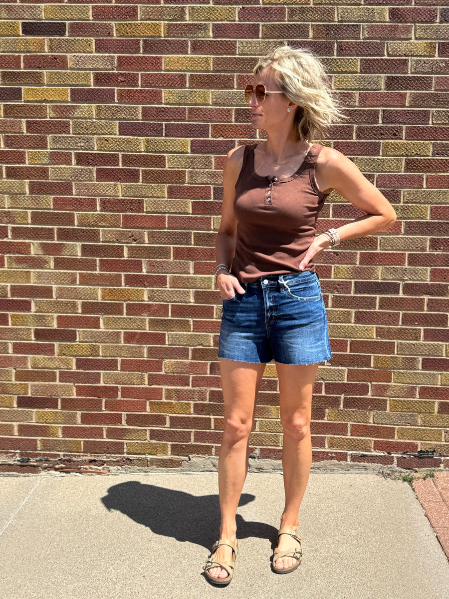 High Rise Clean Cut Raw Hem Vervet Denim Shorts