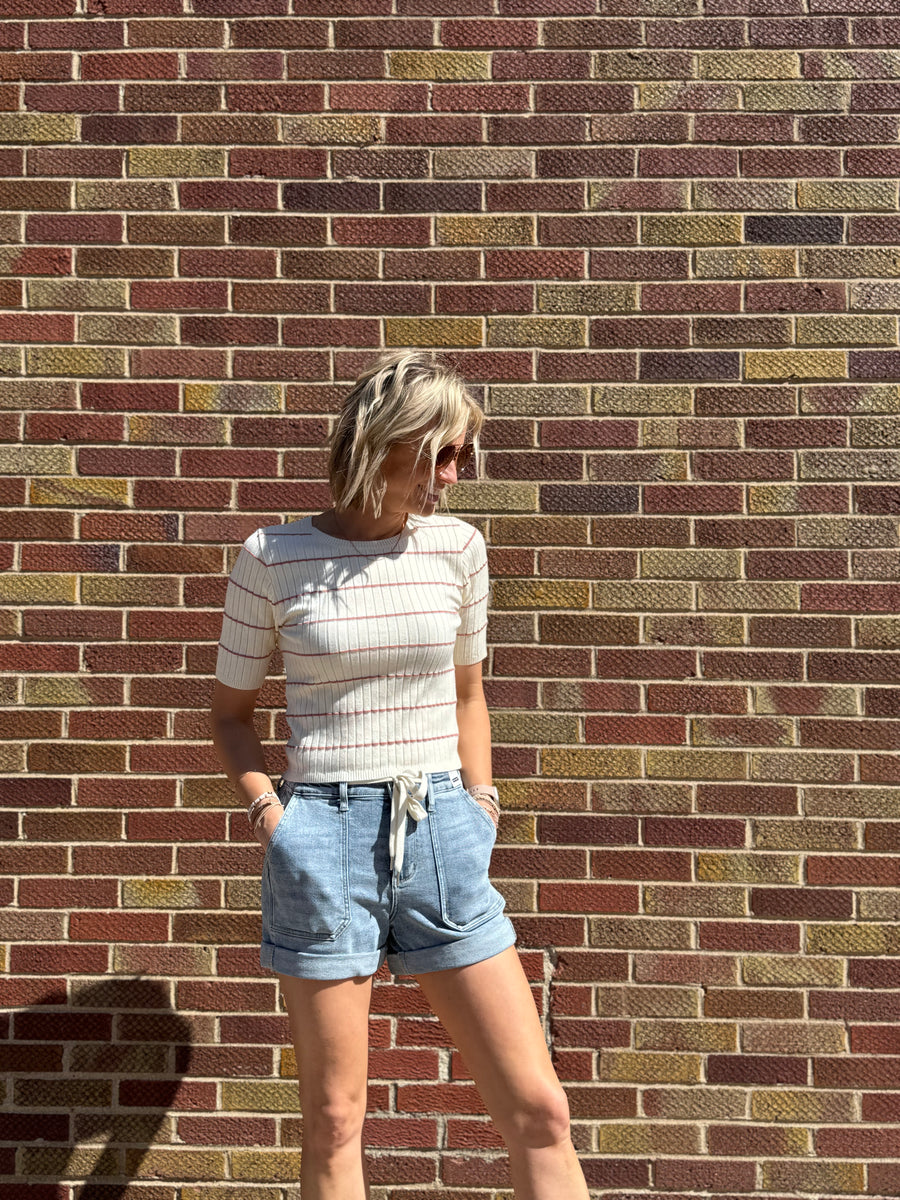 Round Neck Half Sleeve Striped Ribbed Top