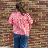 Plus Floral Satin Babydoll Top w/Bubble Sleeve