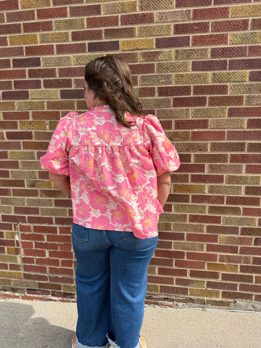 Plus Floral Satin Babydoll Top w/Bubble Sleeve
