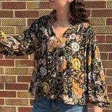 V Neck Black Floral Print Top