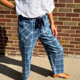 Plaid Print Drawstring Waist Wide Leg Denim Pants
