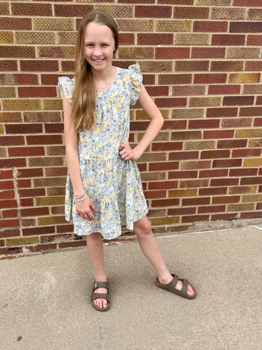 Girls Floral Ruffle Sleeve Tiered Dress