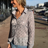 Long Sleeve Metallic Dot Button Down Top
