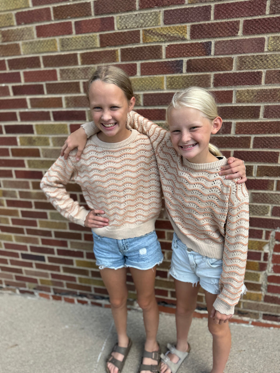Girls Crewneck Wavy Pointelle Sweater