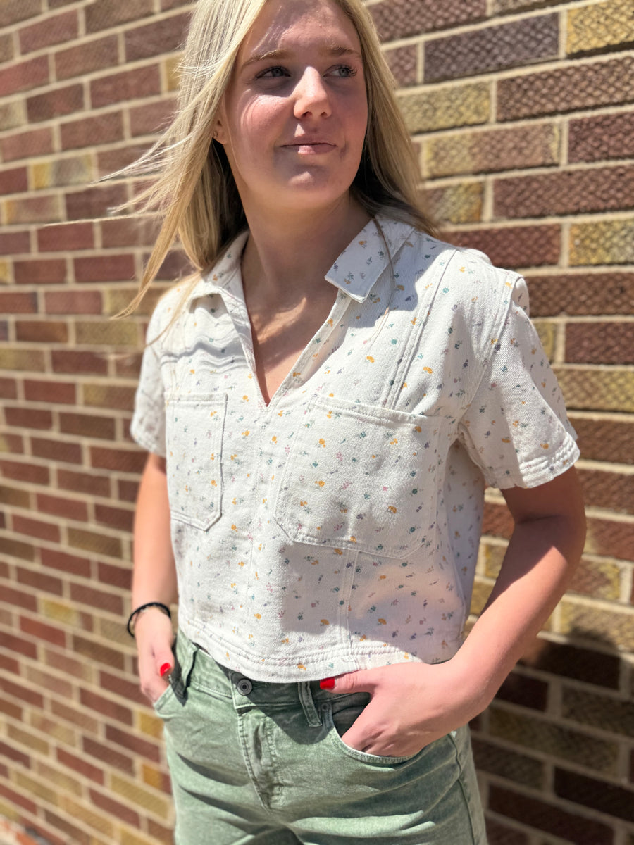 Off White Floral Denim Pullover Top