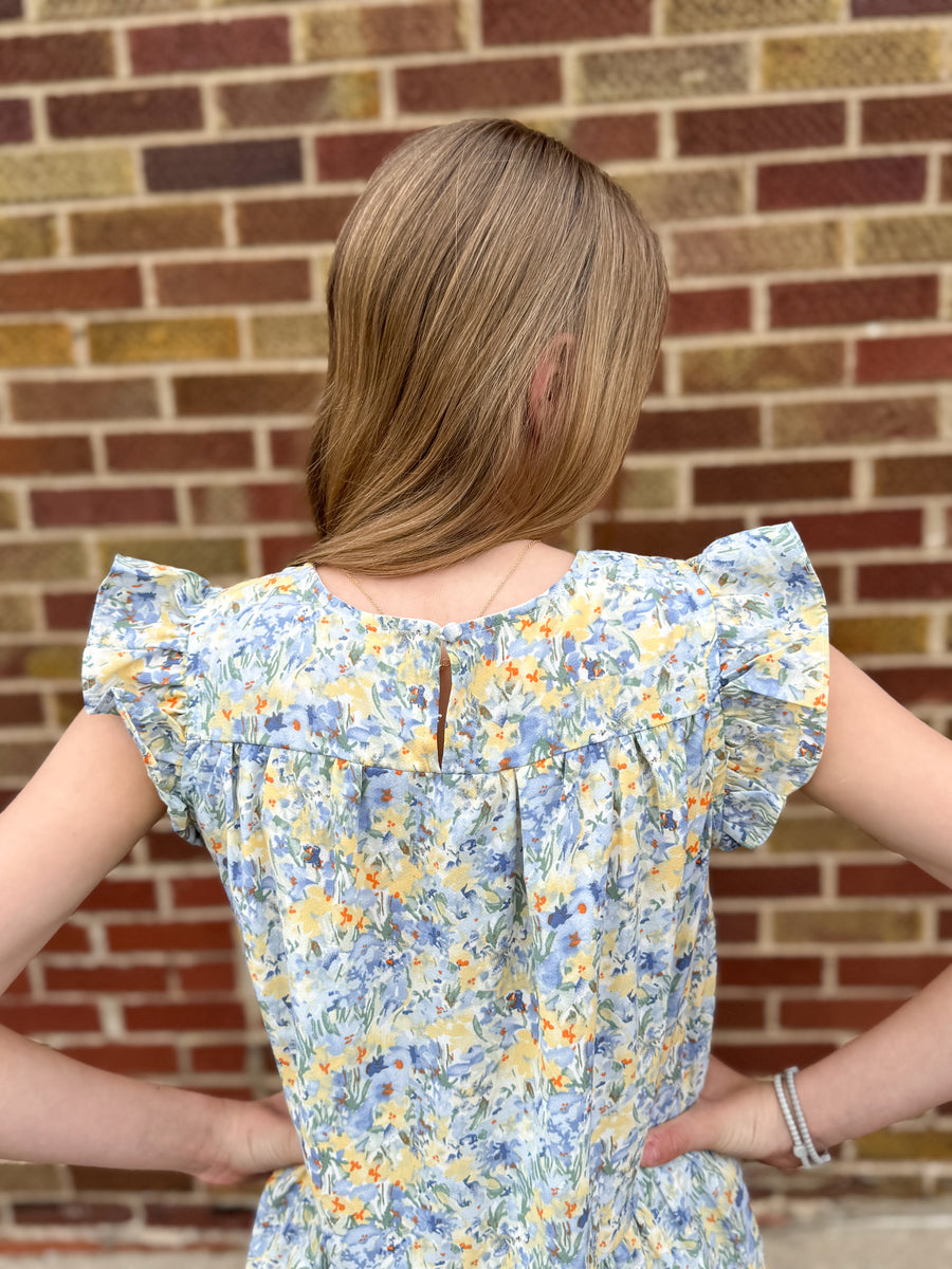 Girls Floral Ruffle Sleeve Tiered Dress
