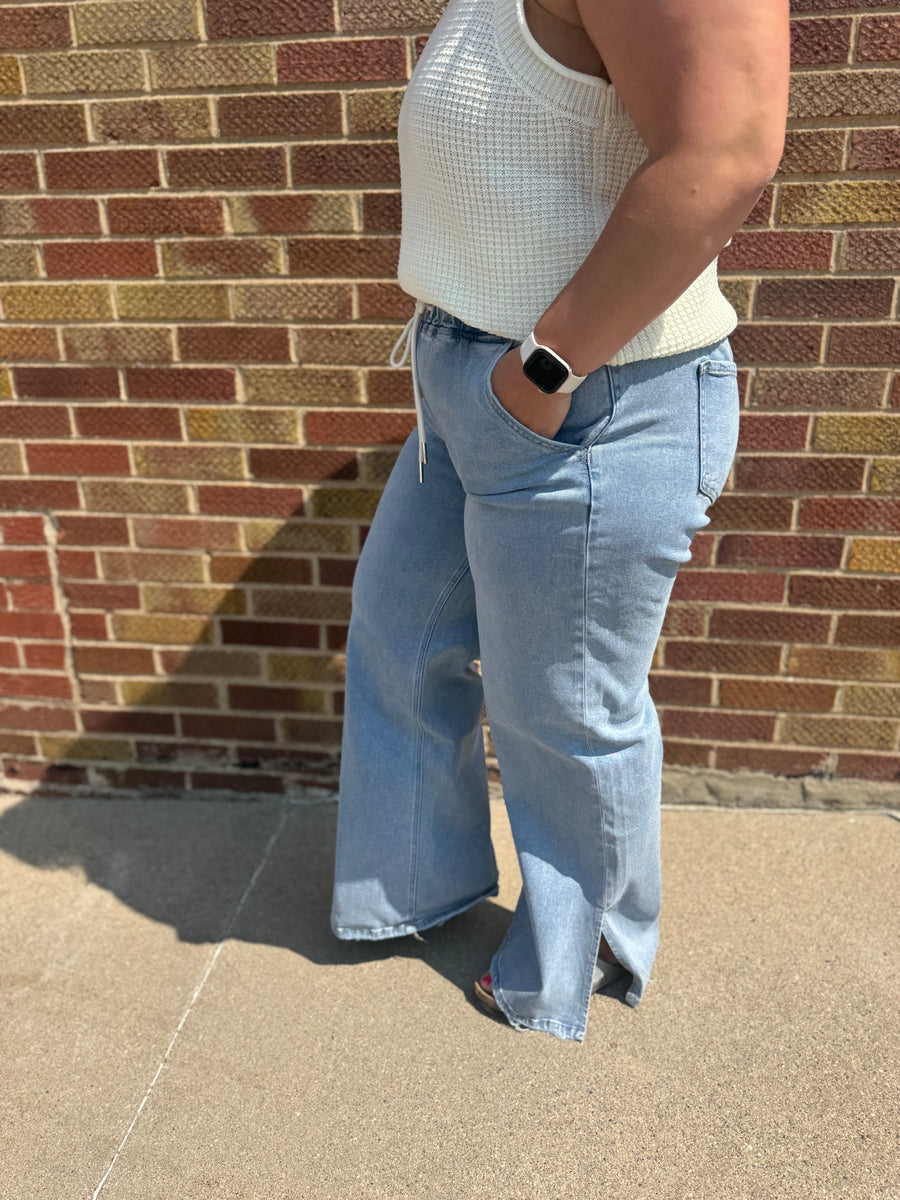 High Rise Drawstring Waistband Side Slit Wide Leg Vervet Jeans
