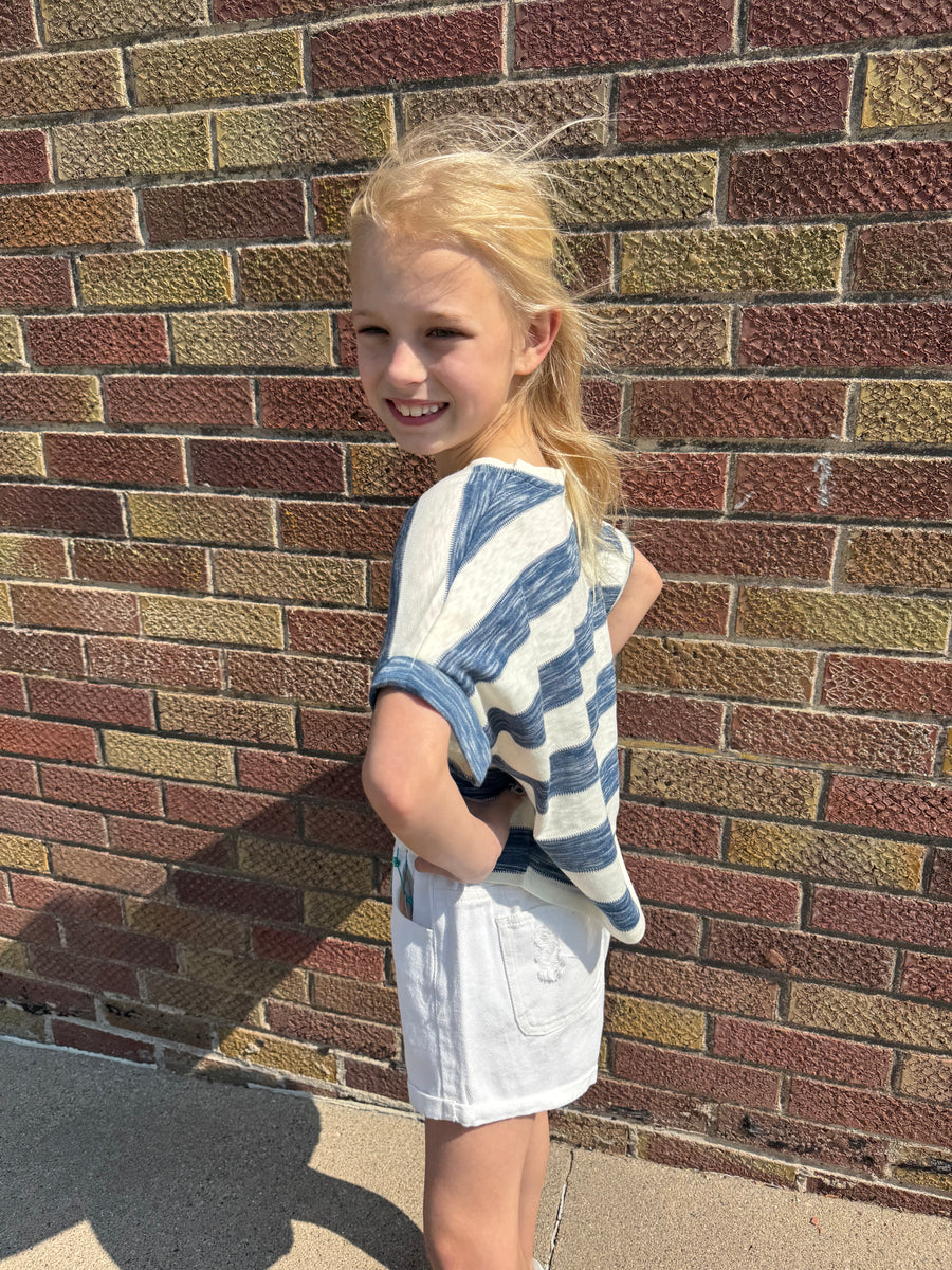 Girls Heathered Stripe V Neck Knit Top