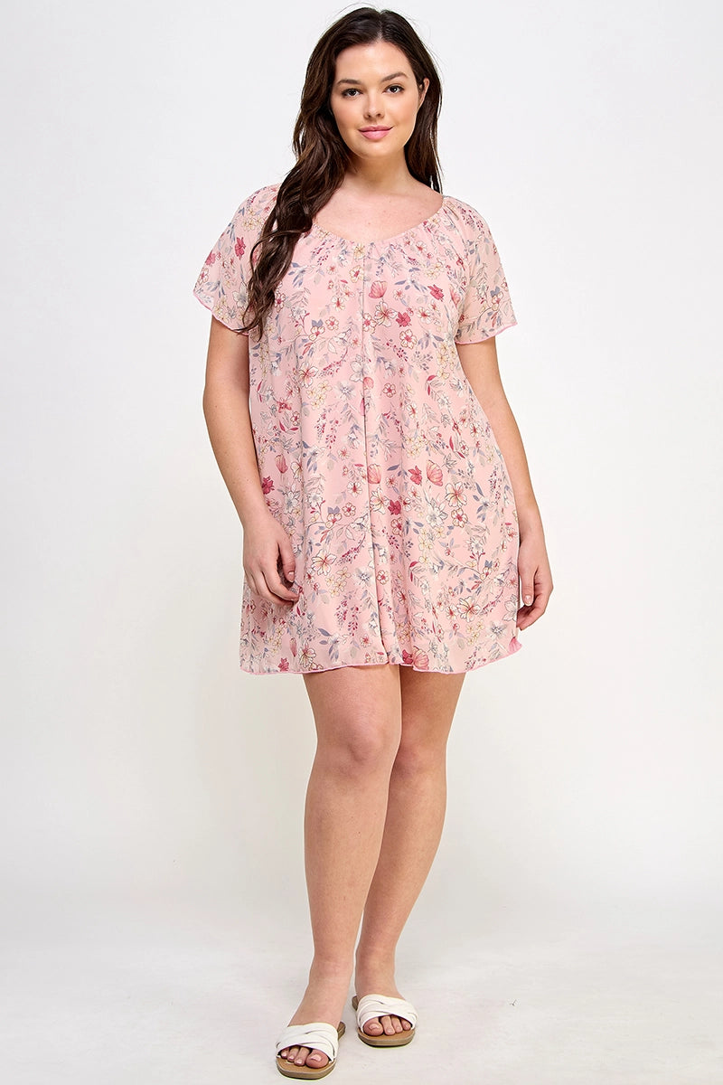 Plus Short Sleeve Floral Chiffon Dress