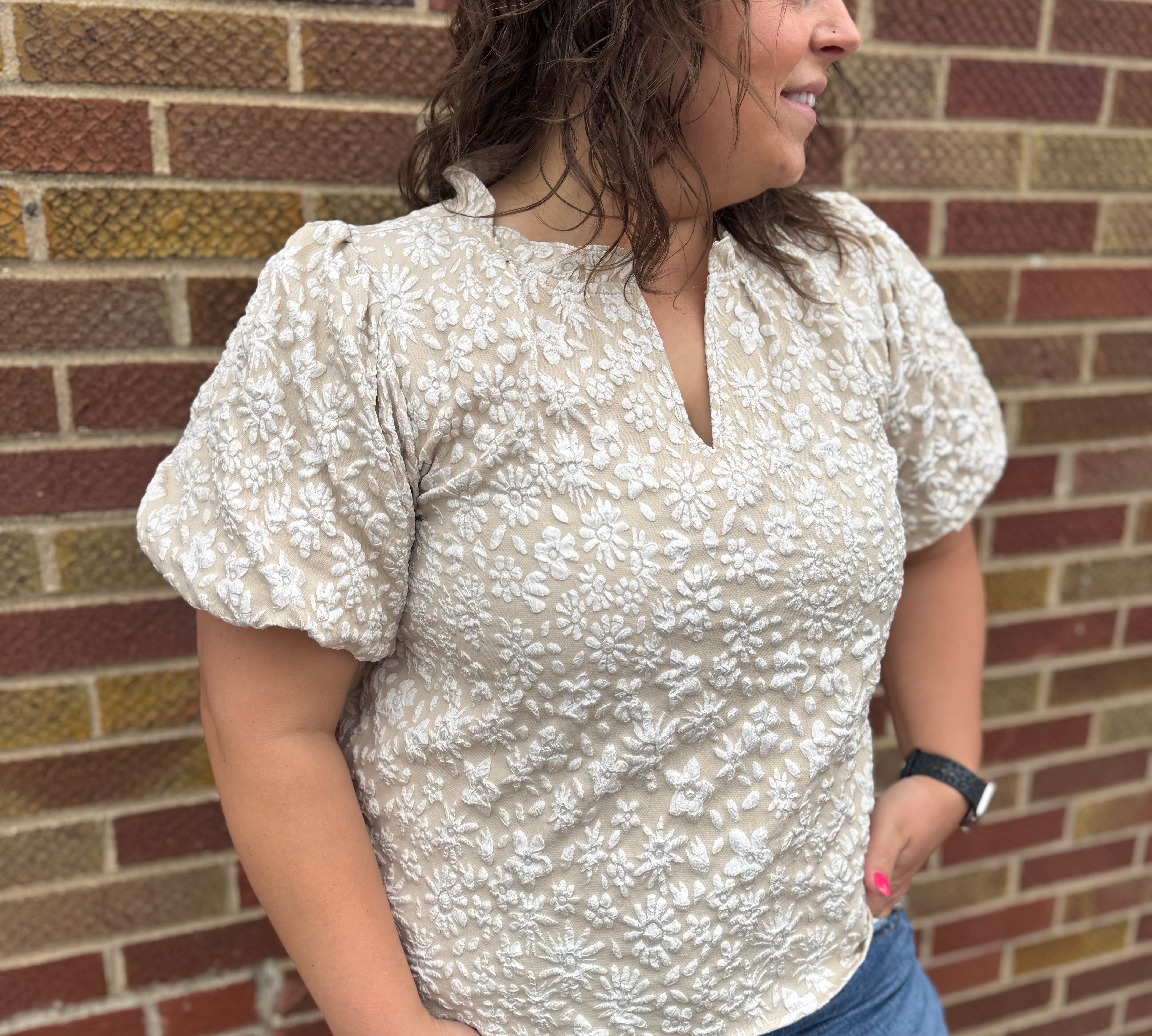 Floral Textured Balloon Sleeve Top