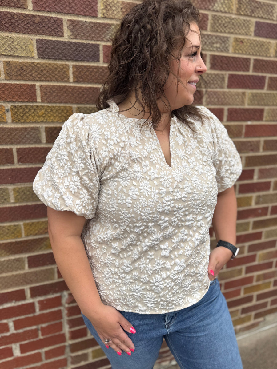 Floral Textured Balloon Sleeve Top