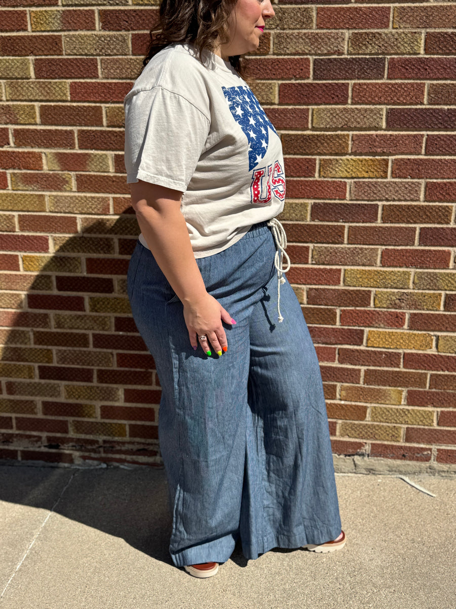 Plus Washed Pinstripe Wide Leg Pants