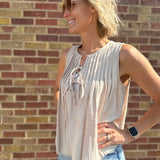 Pleat Tie Front Sleeveless Top