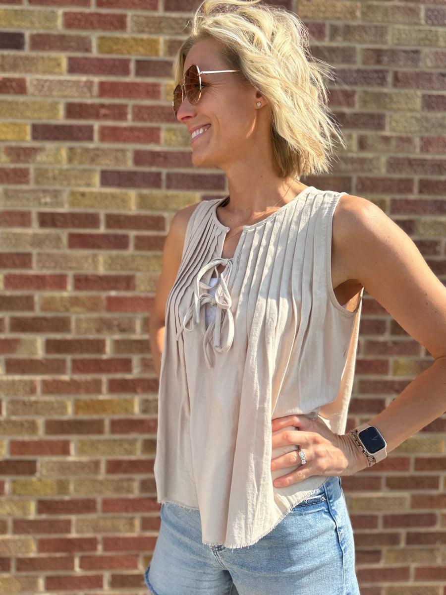 Pleat Tie Front Sleeveless Top