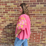 Plus Crinkled Top w/Embroidered Puff Sleeves