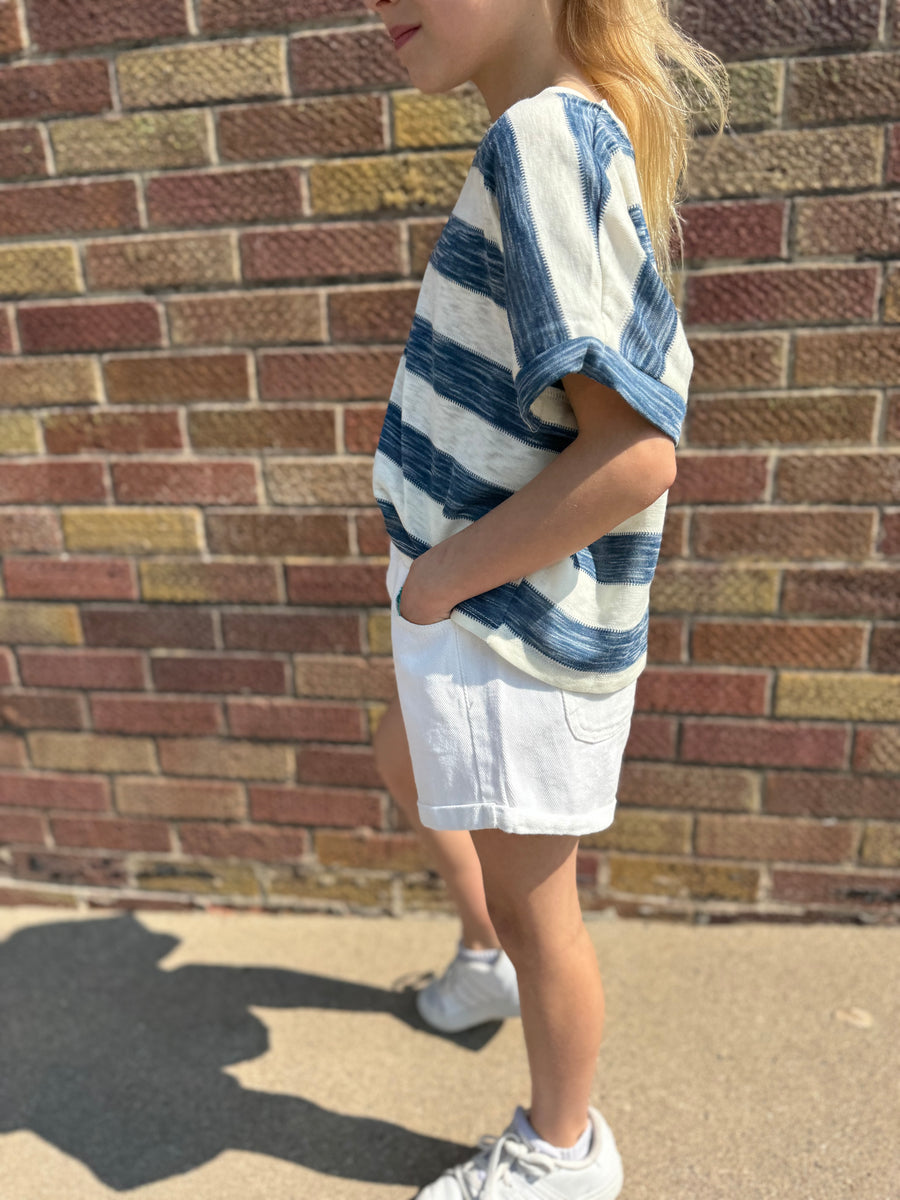 Girls Heathered Stripe V Neck Knit Top