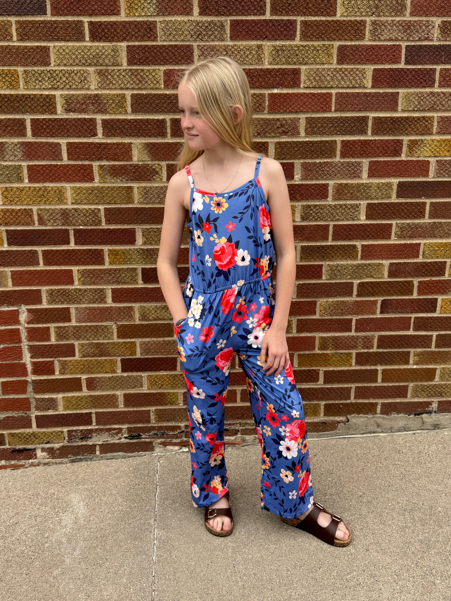 Girls Blue/Coral Floral Jumpsuit