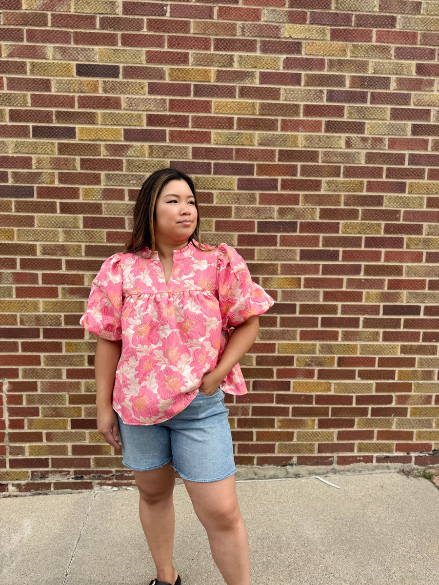 Floral Satin Babydoll Top w/Bubble Sleeve