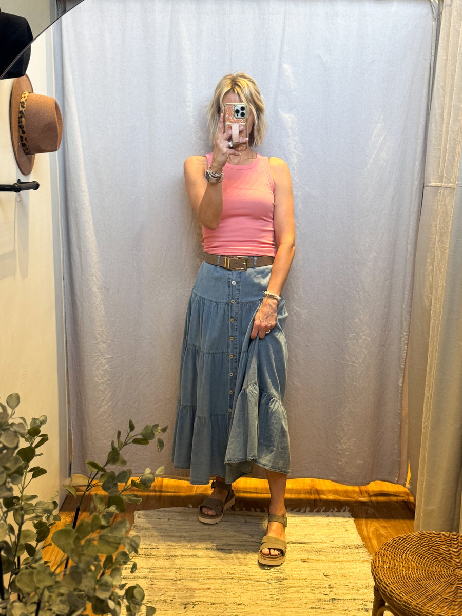 Denim Button Front Ruffle Hem Maxi Skirt