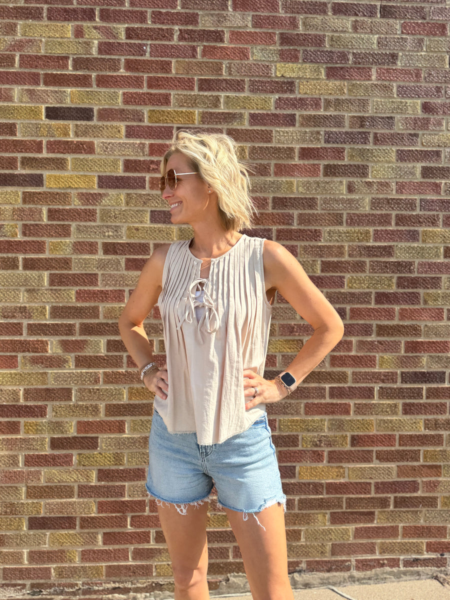 Pleat Tie Front Sleeveless Top