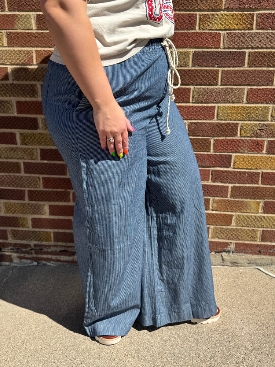 Plus Washed Pinstripe Wide Leg Pants