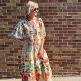 Boho V Neck Floral Balloon Sleeve Dress