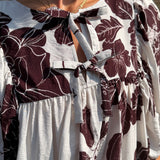 Brown/Cream Floral Print Top w/Front Tie