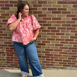 Plus Floral Satin Babydoll Top w/Bubble Sleeve