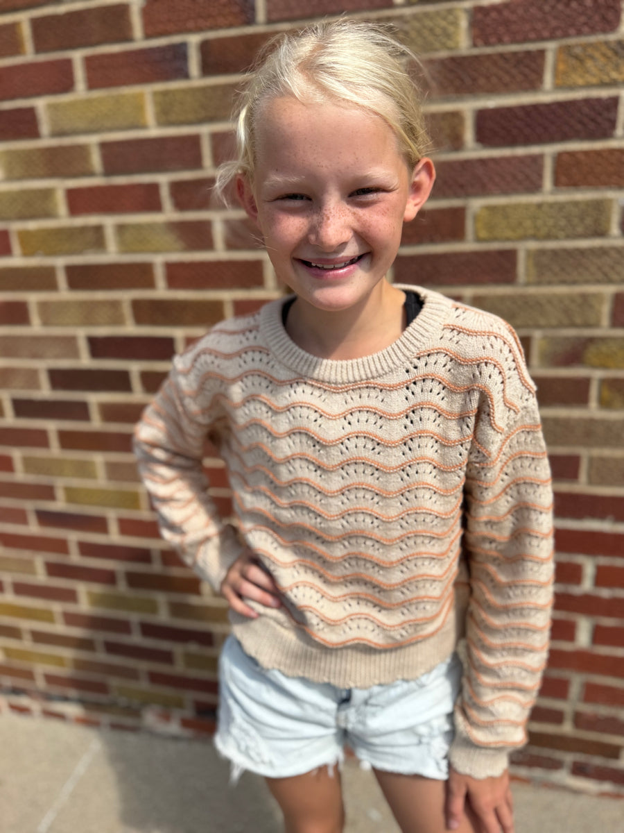 Girls Crewneck Wavy Pointelle Sweater