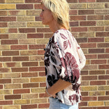 Brown/Cream Floral Print Top w/Front Tie
