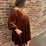 Chicory Coffee Solid Velvet Long Sleeve Tiered Dress