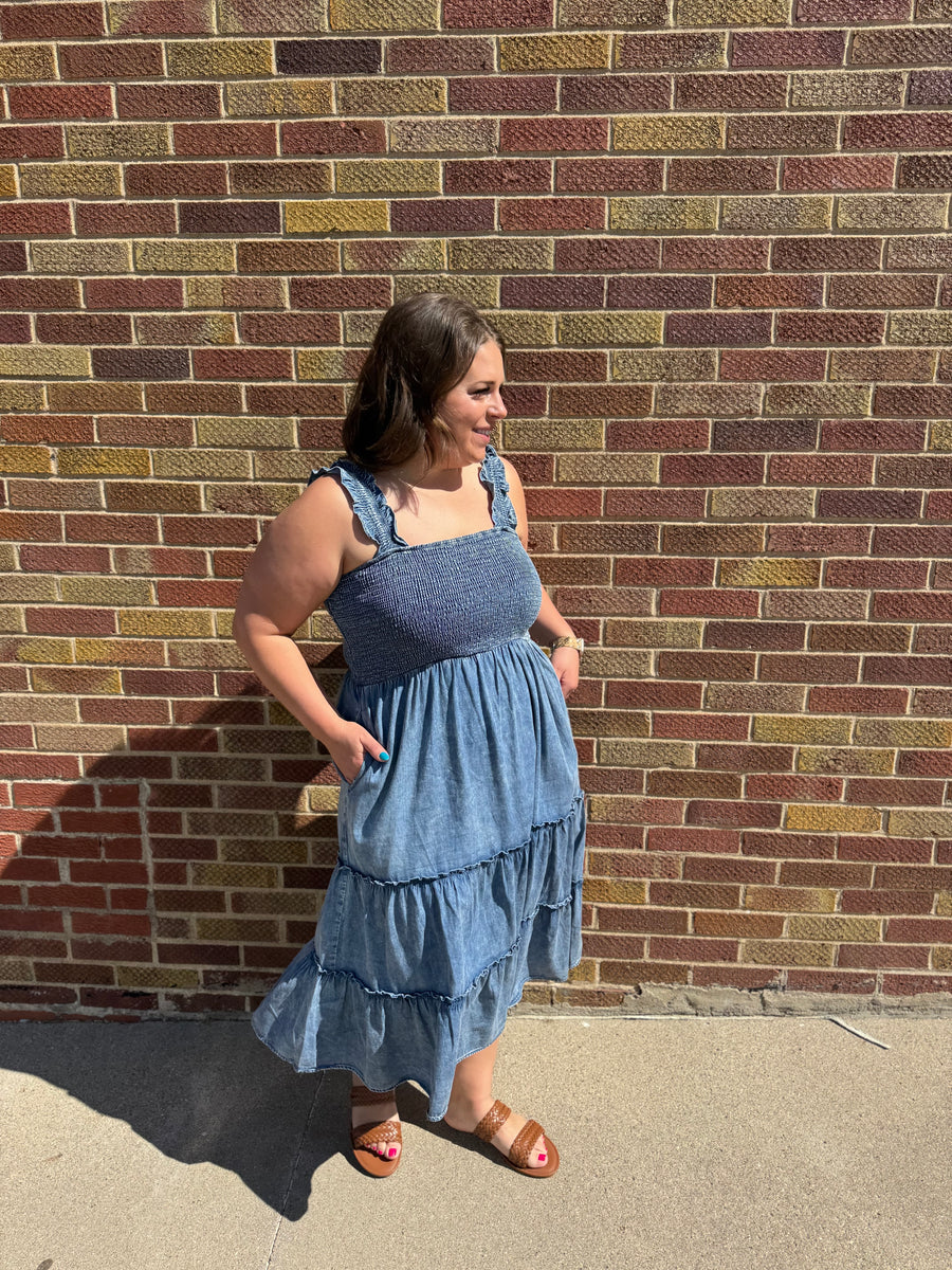 Plus Washed Denim Smocking Tiered Midi Dress