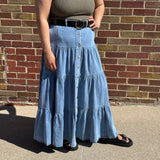 Denim Button Front Ruffle Hem Maxi Skirt