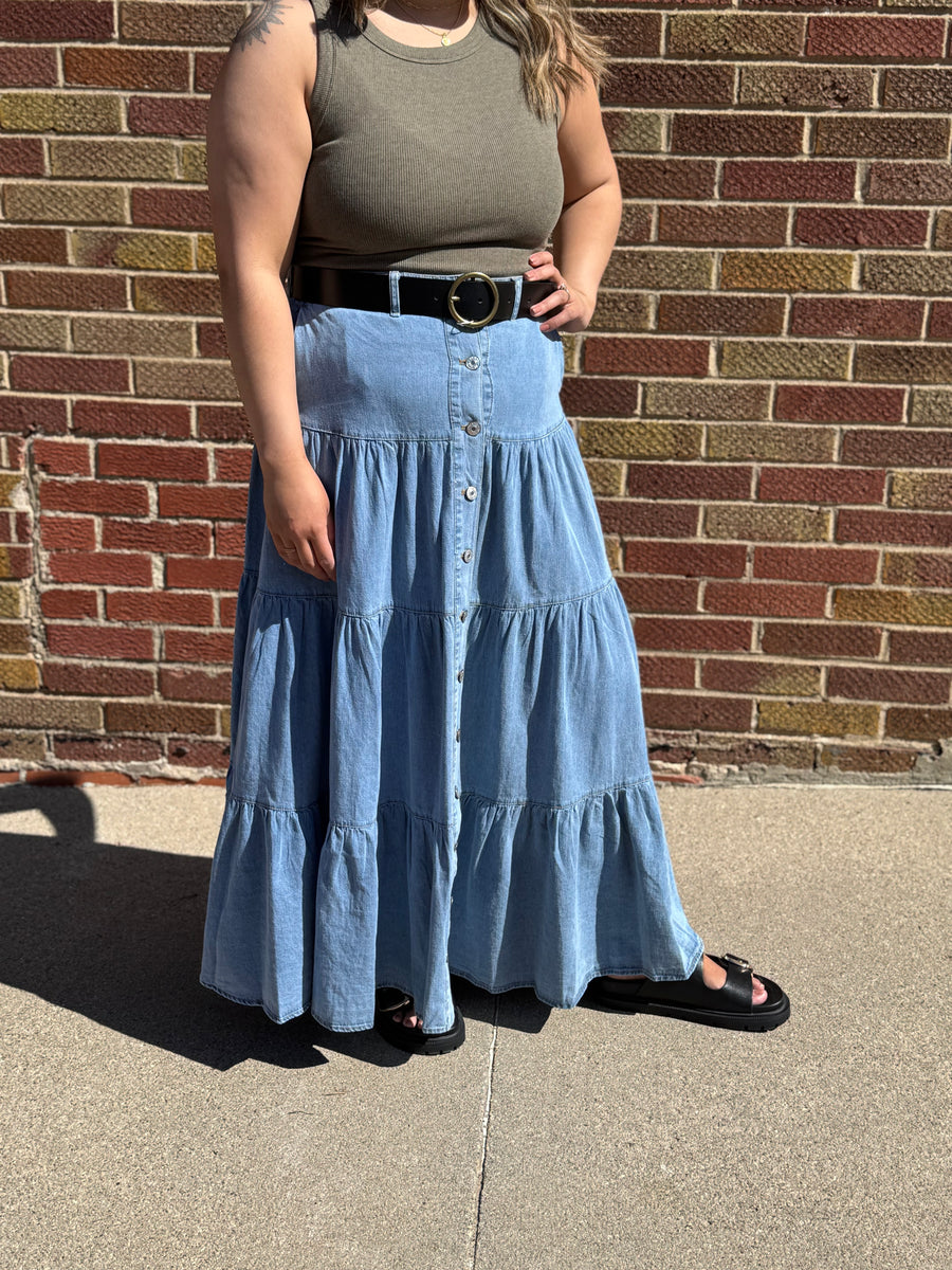 Denim Button Front Ruffle Hem Maxi Skirt