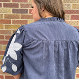 Plus Washed Suede Top w/Floral Applique