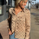 Long Sleeve Metallic Dot Button Down Top