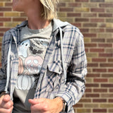 Navy Plaid Button Up Shirt w/ Hoodie & Front Pockets