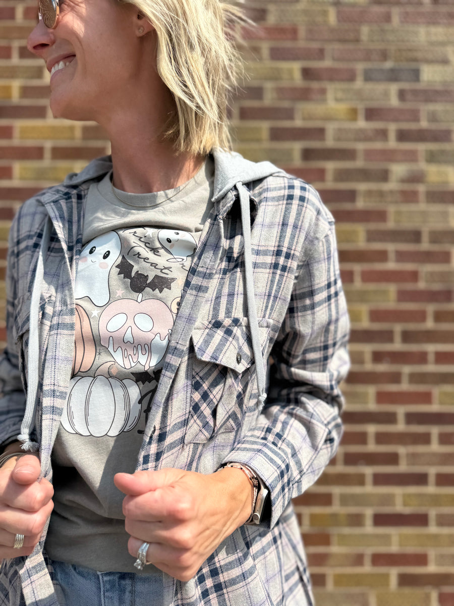 Navy Plaid Button Up Shirt w/ Hoodie & Front Pockets