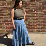 Denim Button Front Ruffle Hem Maxi Skirt