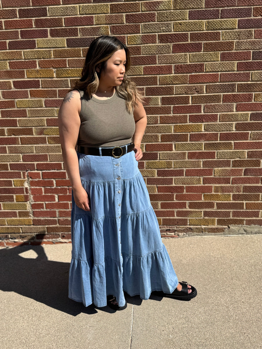 Denim Button Front Ruffle Hem Maxi Skirt