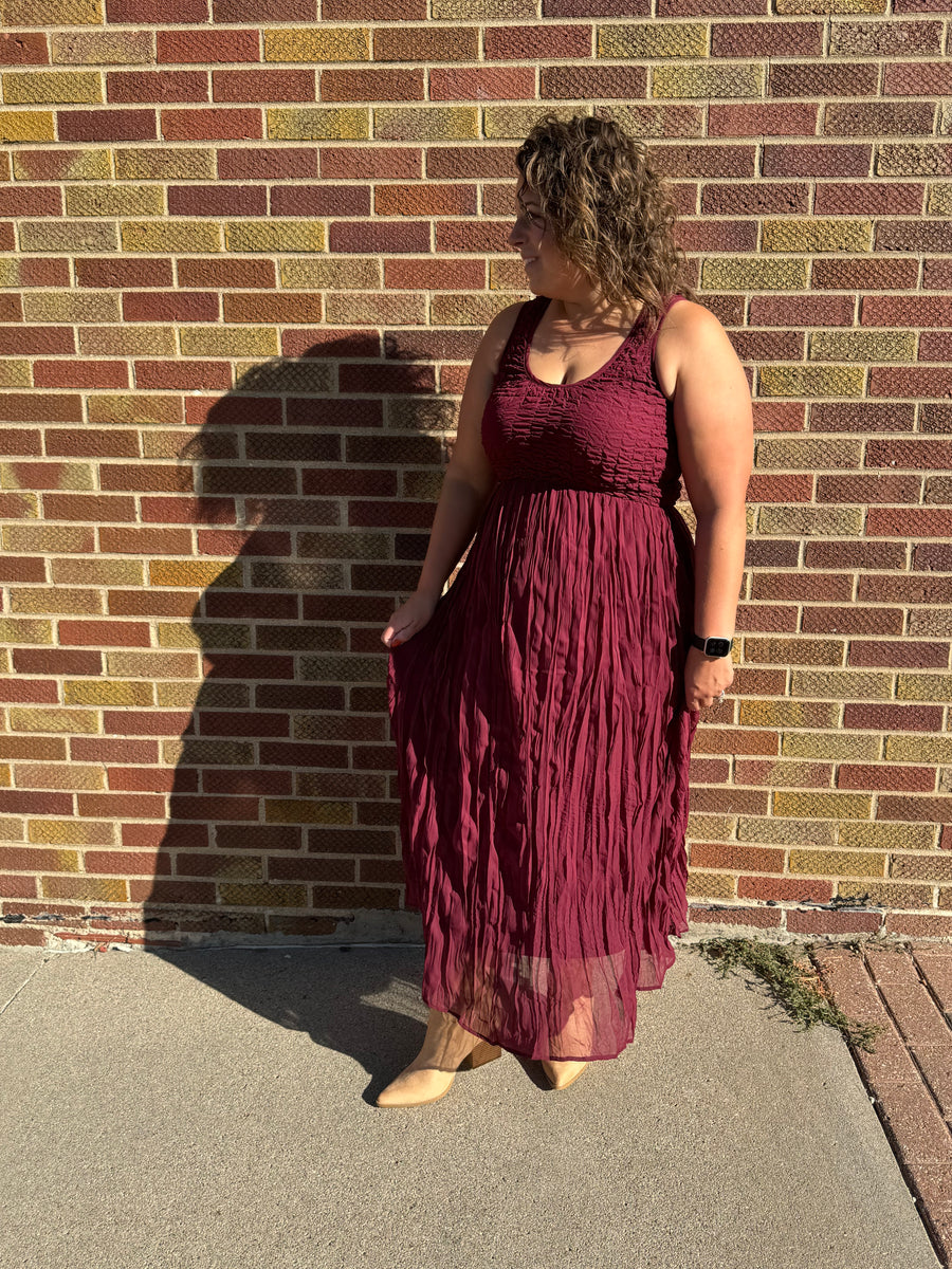 Textured Smocked Tank Sleeve Babydoll Maxi Dress