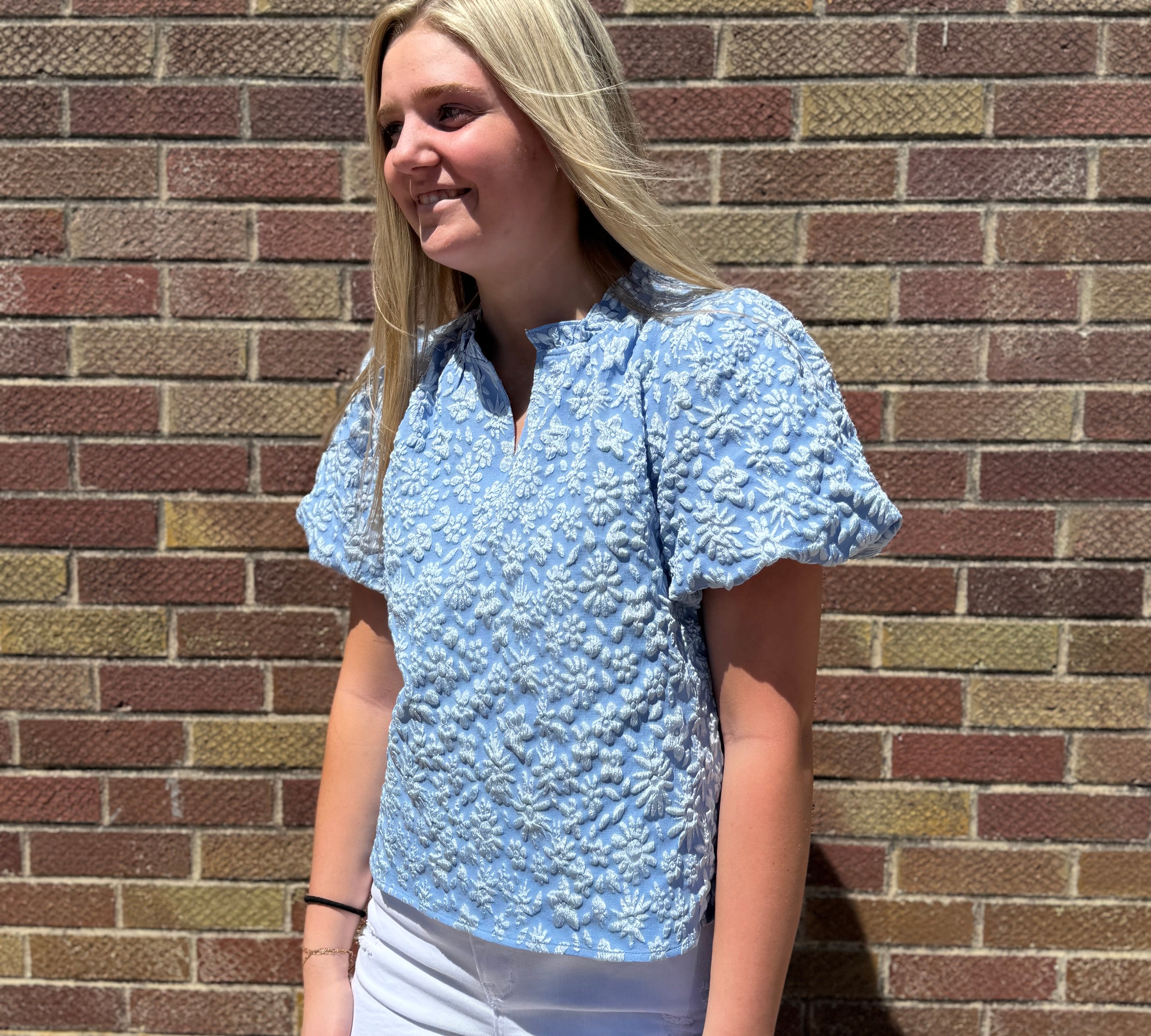 Floral Textured Balloon Sleeve Top
