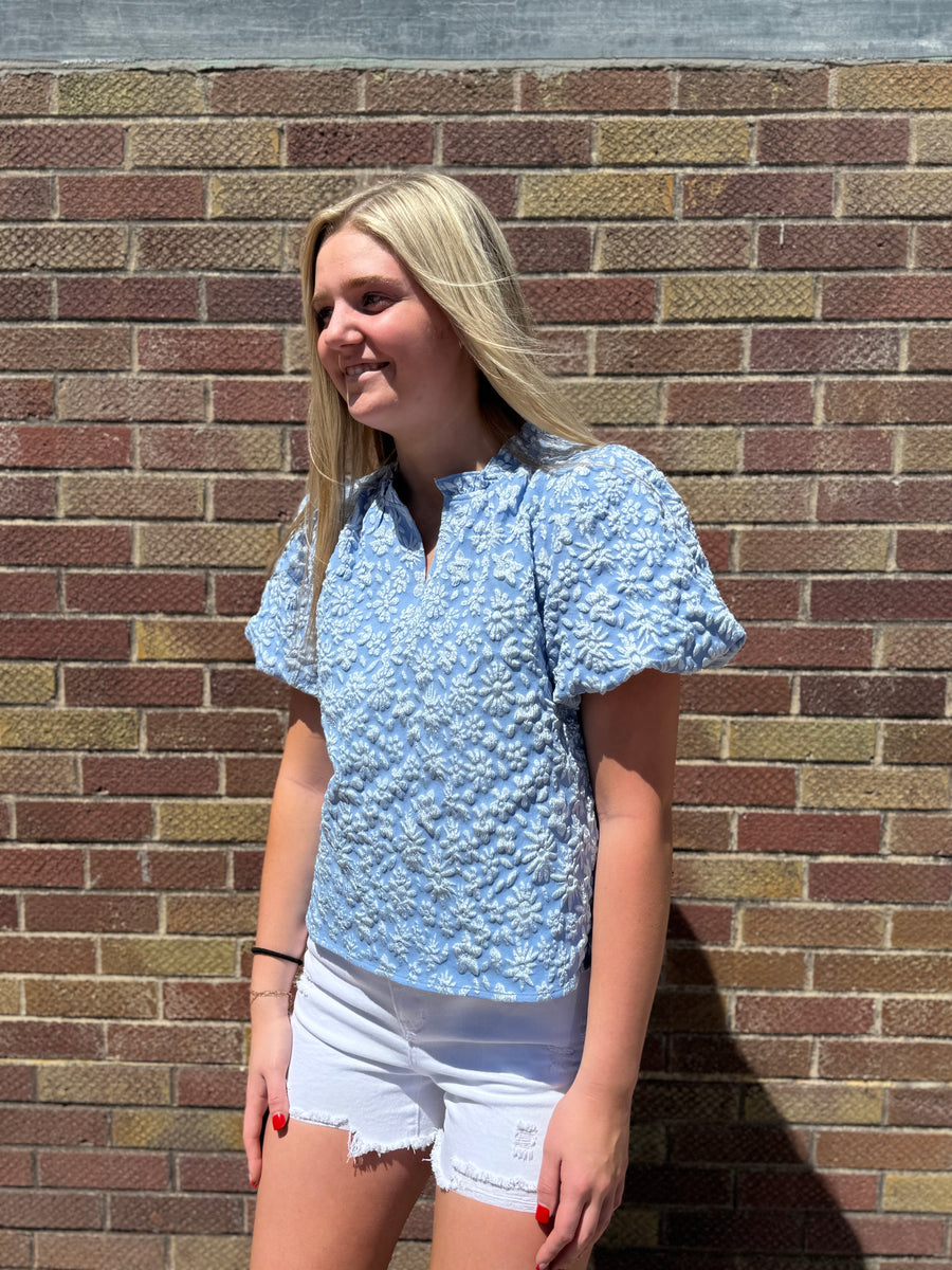 Floral Textured Balloon Sleeve Top
