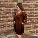Chicory Coffee Solid Velvet Long Sleeve Tiered Dress