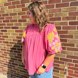 Plus Crinkled Top w/Embroidered Puff Sleeves